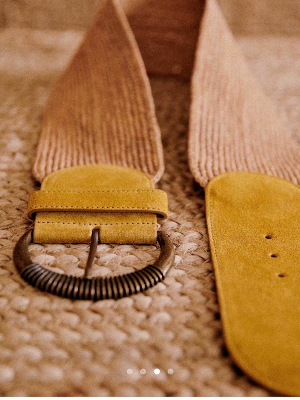 Sezane Mustard Suede Wide Belt with Round Coiled Metal Buckle